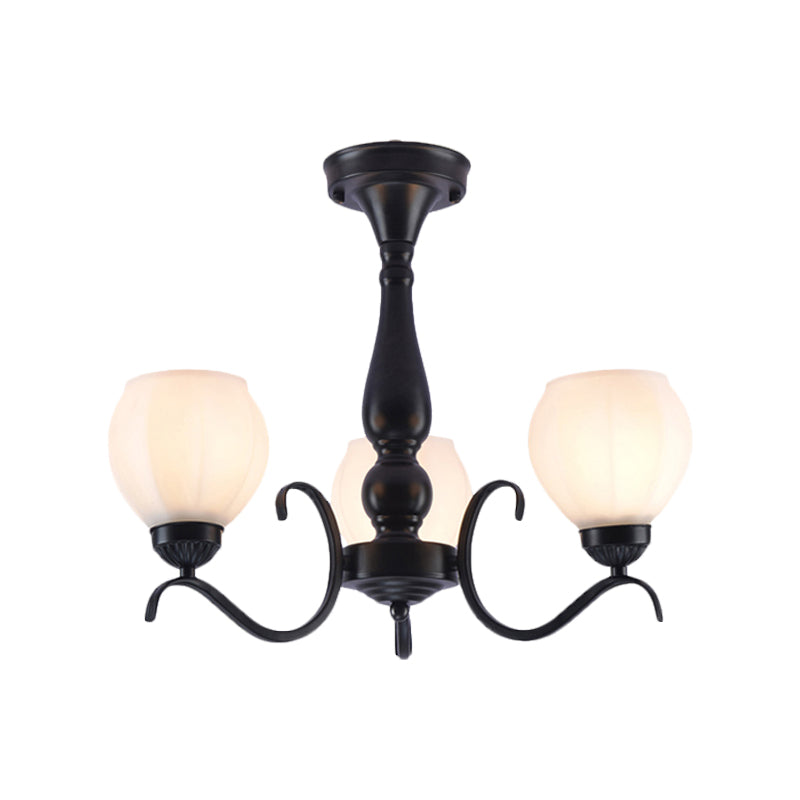 Black 3/5/6 Lights Monte de techo tradicional Glass White Swooping brazo Semi Flush Light para sala de estar