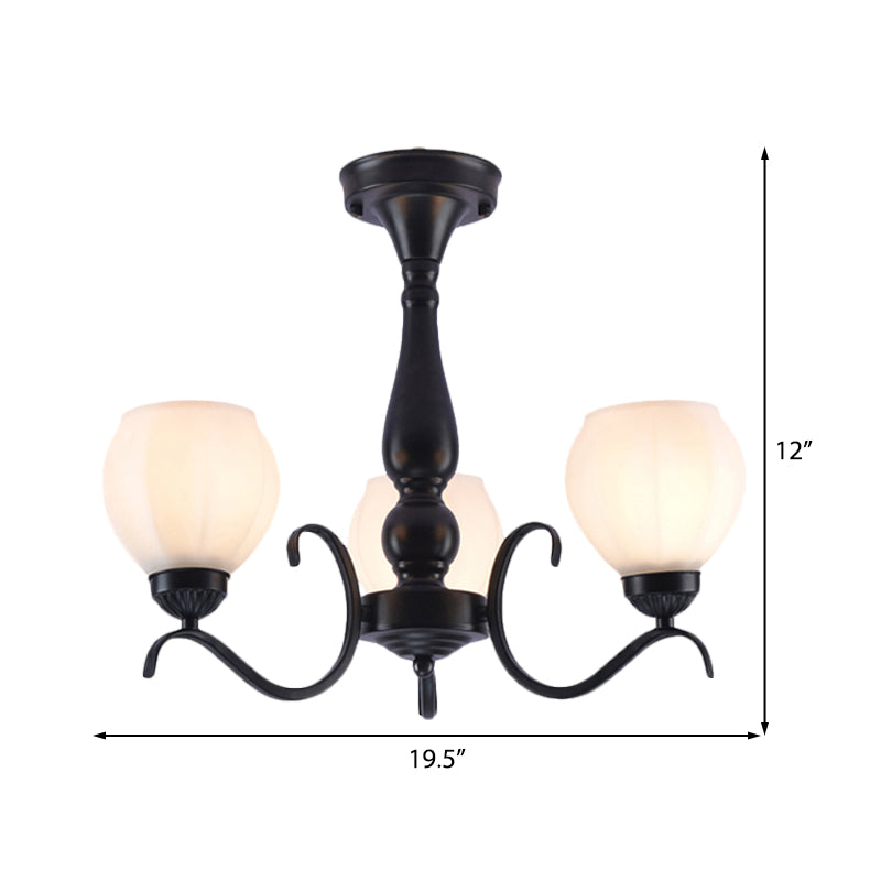 Schwarz 3/5/6 Lichter Deckenhalterung traditioneller weißes Glas Strops Arm Semi Flush Light für Wohnzimmer