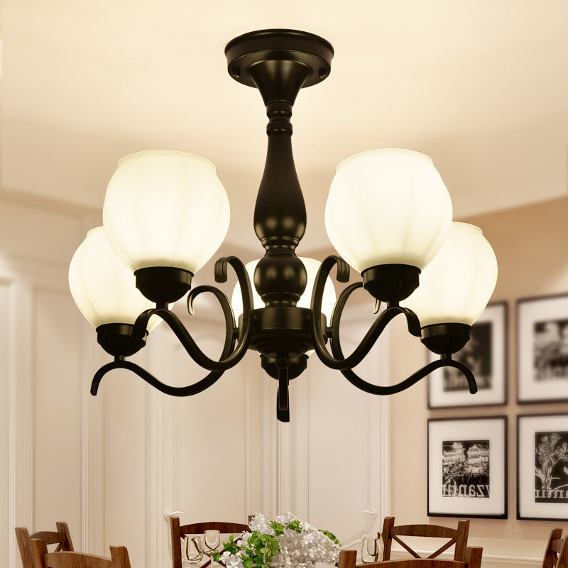 Black 3/5/6 Lights Ceiling Mount Traditional White Glass Swooping Arm Semi Flush Light for Living Room