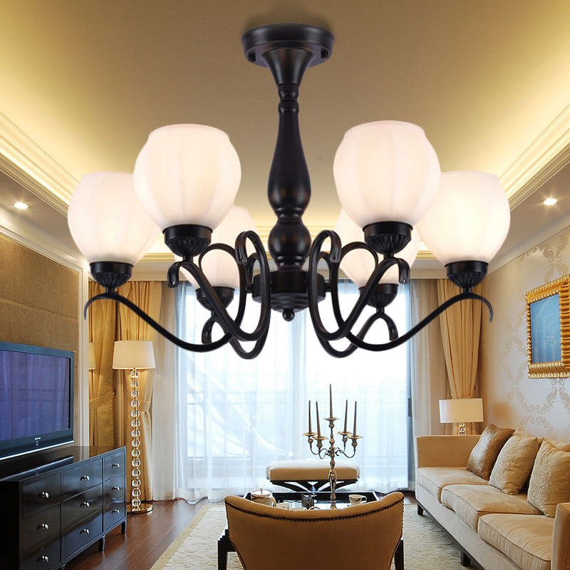 Black 3/5/6 Lights Ceiling Mount Traditional White Glass Swooping Arm Semi Flush Light for Living Room