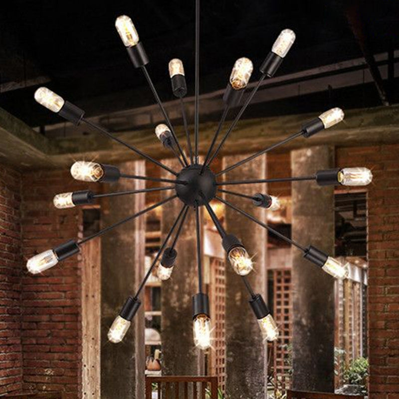 Iron Black Finish Pendant Chandelier Sunburst 18 Heads Industrial Suspension Light for Dining Room