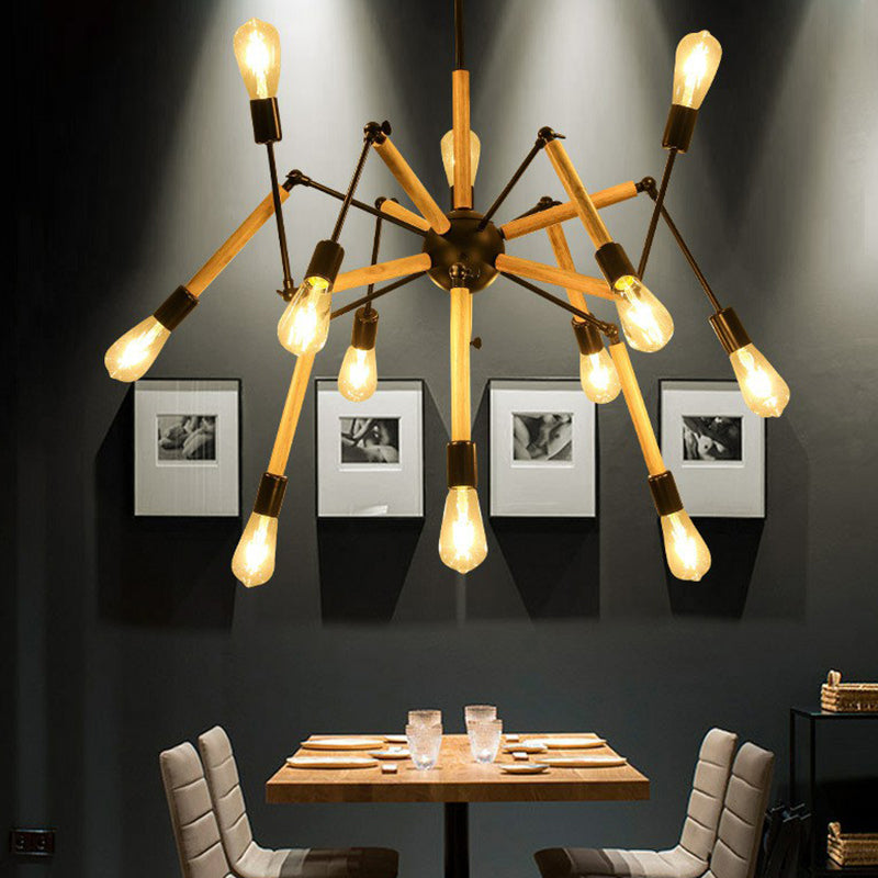 Wooden Spider Suspension Lighting Loft Style 12-Bulb Restaurant Chandelier in Black