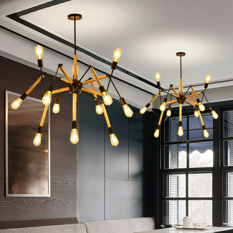 Wooden Spider Suspension Lighting Loft Style 12-Bulb Restaurant Chandelier in Black