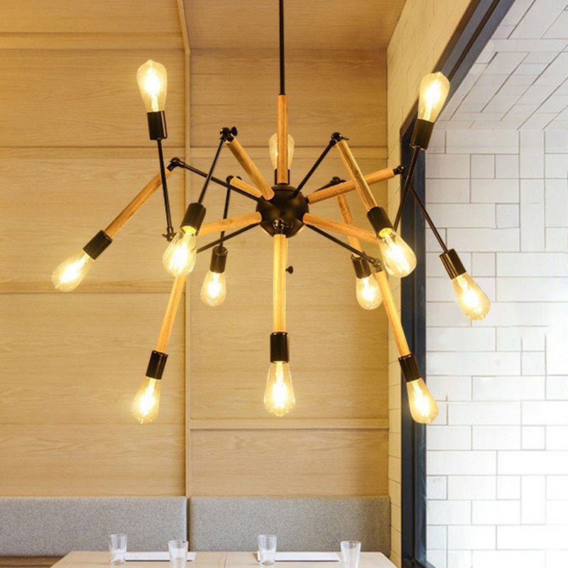 Wooden Spider Suspension Lighting Loft Style 12-Bulb Restaurant Chandelier in Black