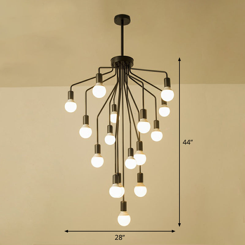 Cascade Chandelier Light Rustic Black Metallic Hanging Ceiling Light with Exposed Bulb Design