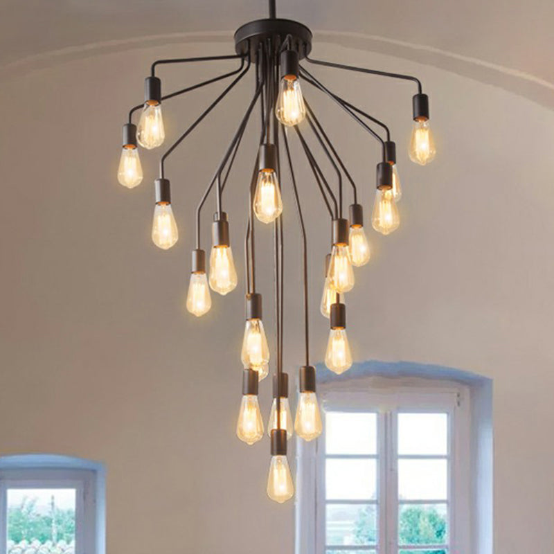 Cascade Chandelier Light Rustic Black Metallic Hanging Ceiling Light with Exposed Bulb Design