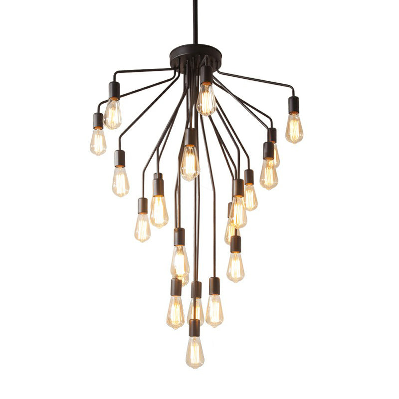 Cascade Chandelier Light Rustic Black Metallic Hanging Ceiling Light with Exposed Bulb Design