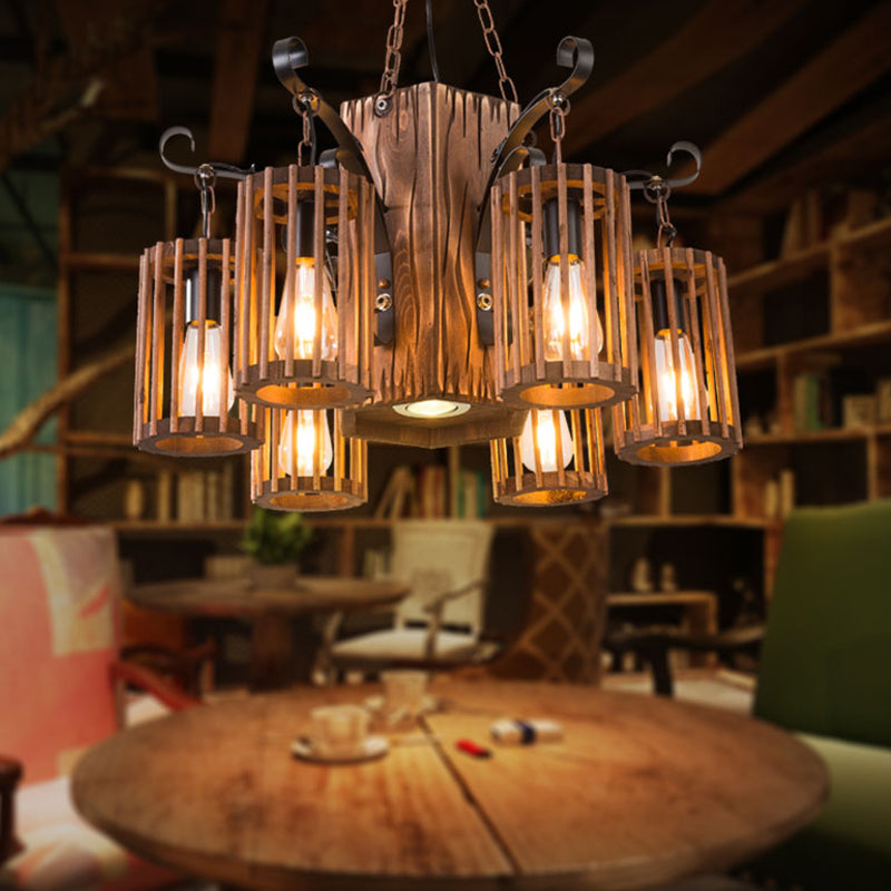 Cage Style Living Room Chandelier Industrial Wooden Brown and Black Suspension Light Fixture