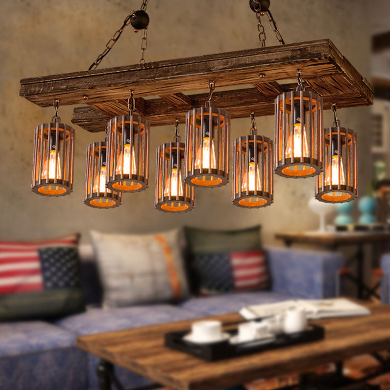 Cage Style Living Room Chandelier Industrial Wooden Brown and Black Suspension Light Fixture