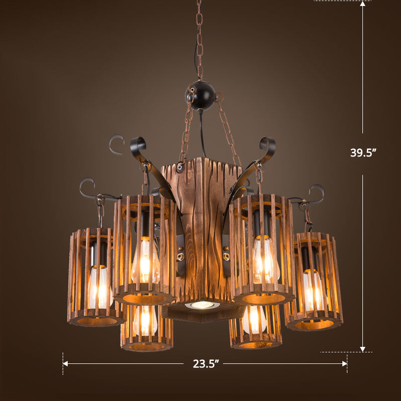 Cage Style Living Room Chandelier Industrial Wooden Brown and Black Suspension Light Fixture