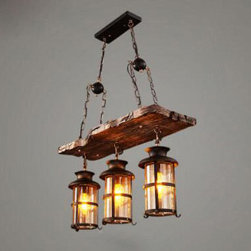 3 Lights Chandelier Nautical Cylinder Clear Glass Hanging Light with Wood Plank Deco in Brown