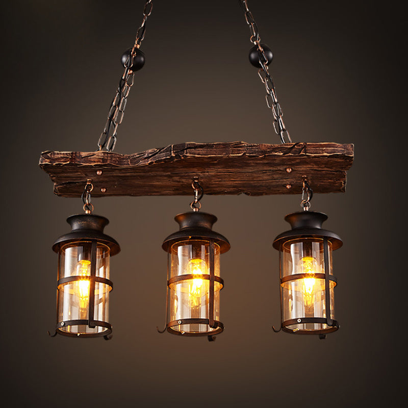 3 Lights Chandelier Nautical Cylinder Clear Glass Hanging Light with Wood Plank Deco in Brown