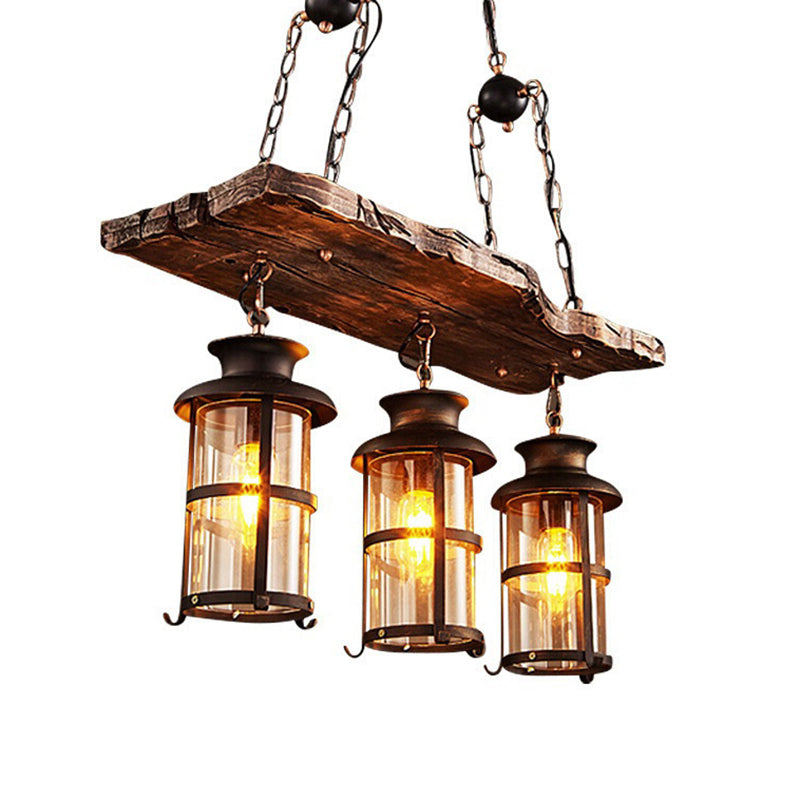 3 Lights Chandelier Nautical Cylinder Clear Glass Hanging Light with Wood Plank Deco in Brown