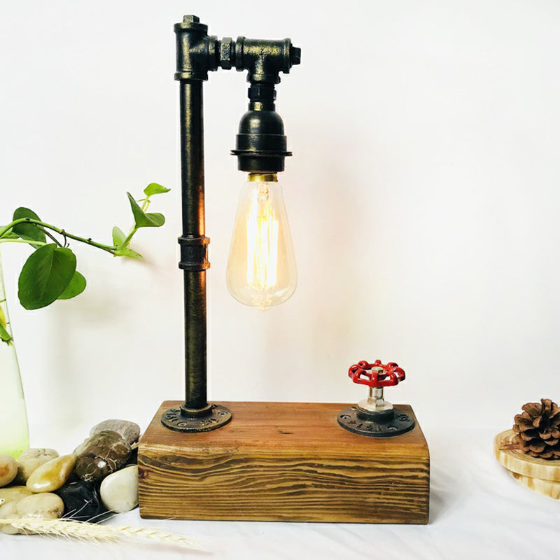 Bronze Finish Water Pipe Table Light Industrial Iron 1-Light Bedroom Night Lamp with Wooden Base and Valve Dimmer Switch