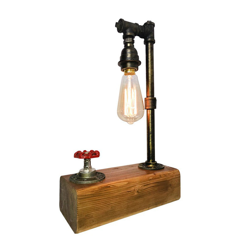 Bronze Finish Water Pipe Table Light Industrial Iron 1-Light Bedroom Night Lamp with Wooden Base and Valve Dimmer Switch