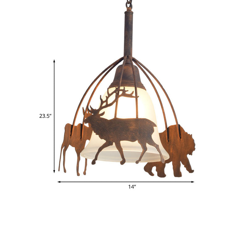 Rust 1 Light Pendant Light Countryside Frosted Glass Bell Hanging Lamp for Restaurant with Deer