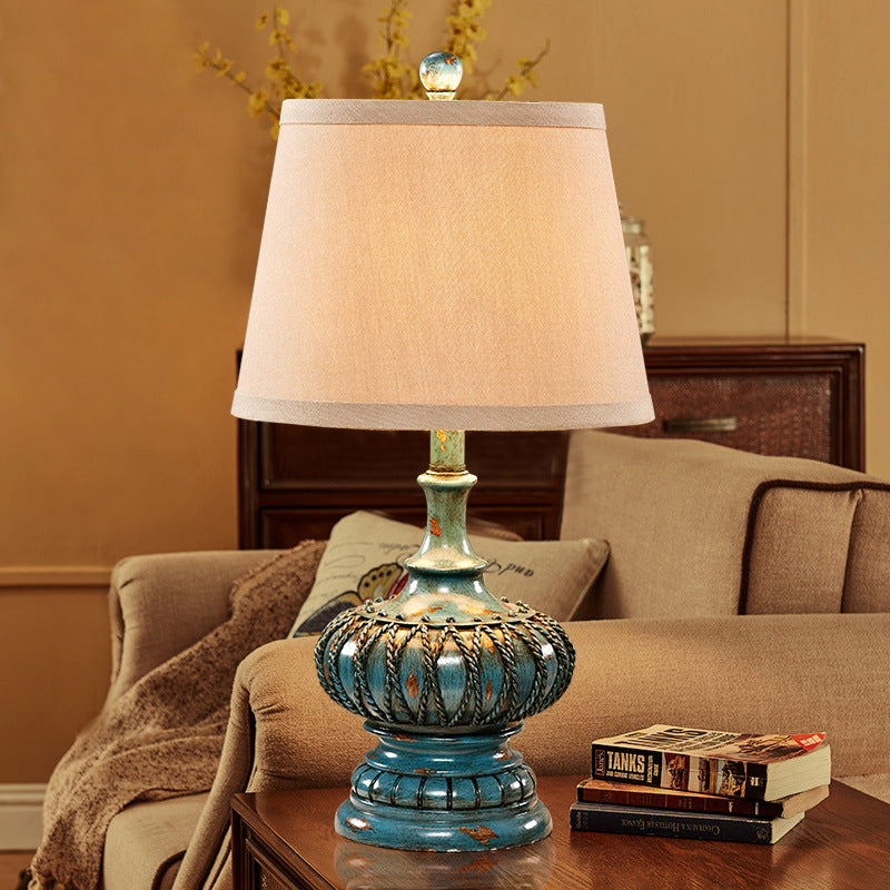 Cone Fabric Night Table Lamp Antique Style 1 Light Bedroom Nightstand Lamp in Aqua