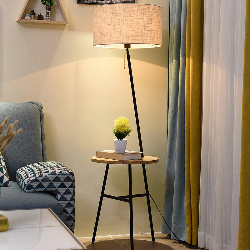 Simple Style Drum Floor Light Fabric Single Living Room Standing Lamp in Black with Wooden Tray and Pull Chain