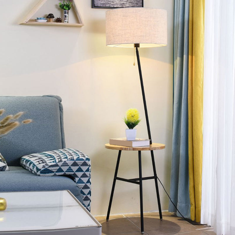 Simple Style Drum Floor Light Fabric Single Living Room Standing Lamp in Black with Wooden Tray and Pull Chain