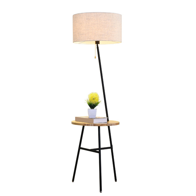 Simple Style Drum Floor Light Fabric Single Living Room Standing Lamp in Black with Wooden Tray and Pull Chain