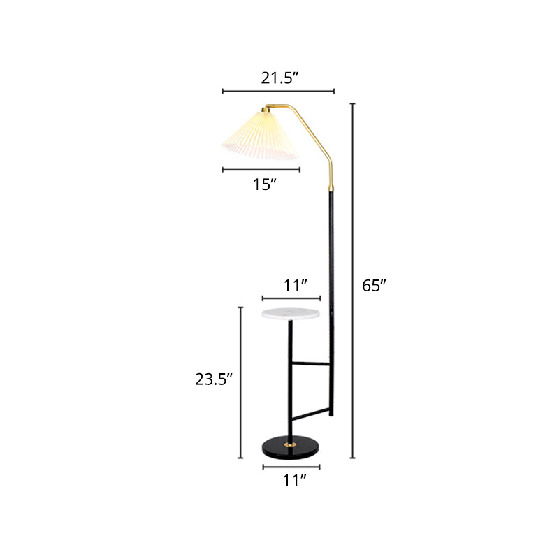 Lámpara de pie de cono de tela minimalista de tela plisada iluminación de piso de un solo dormitorio con bandeja y base de mármol