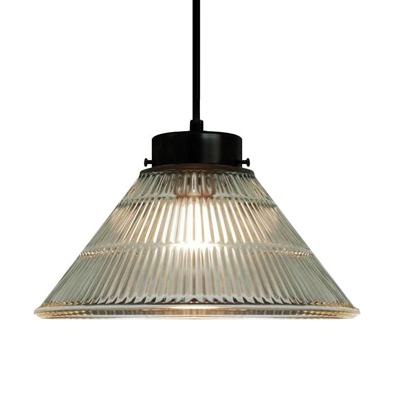 Tapered Clear Ribbed Glass Suspension Lighting Retro Style 1 Head Restaurant Pendant Ceiling Light