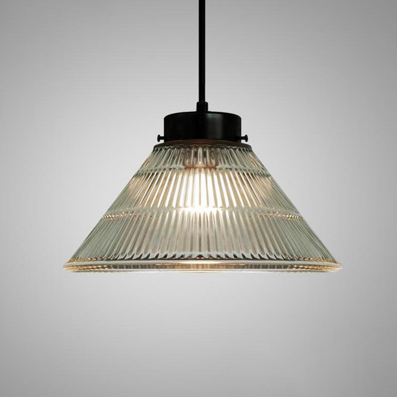 Tapered Clear Ribbed Glass Suspension Lighting Retro Style 1 Head Restaurant Pendant Ceiling Light