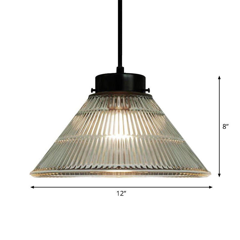 Tapered Clear Ribbed Glass Suspension Lighting Retro Style 1 Head Restaurant Pendant Ceiling Light