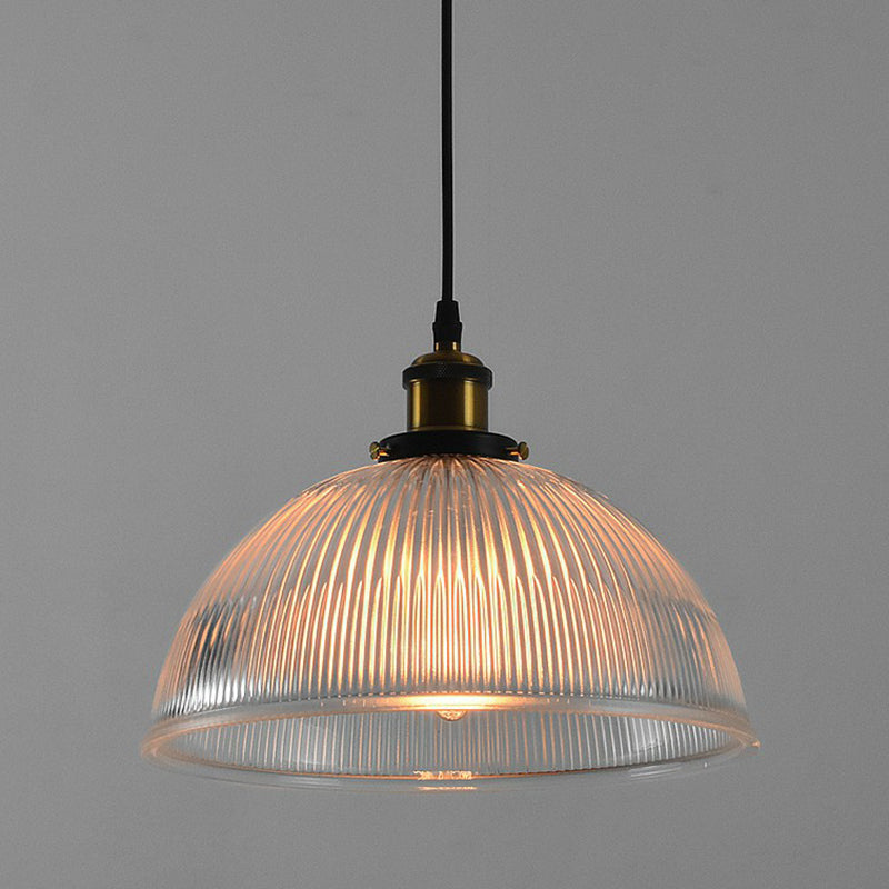 Single Ceiling Light Industrial Dome Clear Ribbed Glass Hanging Pendant Light for Restaurant