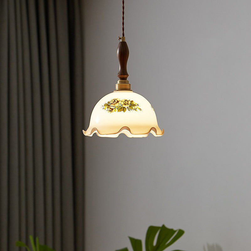 Ruffle Edge Cream Glass Suspension Lighting Retro Style 1 Head Dining Room Pendant Ceiling Light