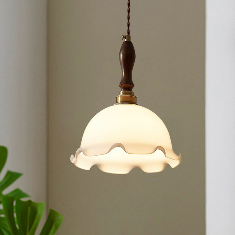 Ruffle Edge Cream Glass Suspension Lighting Retro Style 1 Head Dining Room Pendant Ceiling Light