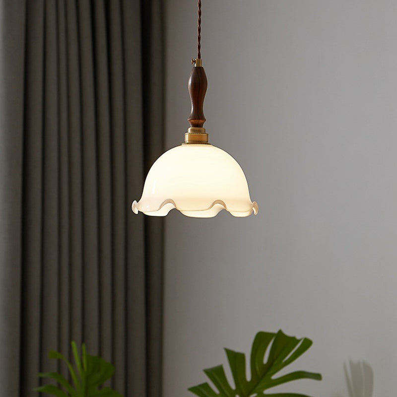 Ruffle Edge Cream Glass Suspension Lighting Retro Style 1 Head Dining Room Pendant Ceiling Light