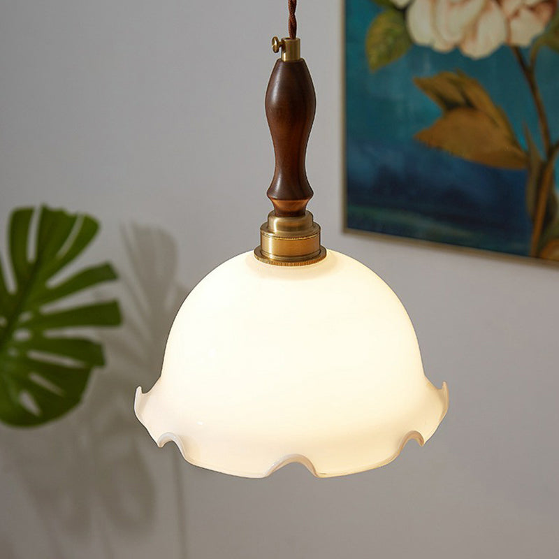 Ruffle Edge Cream Glass Suspension Lighting Retro Style 1 Head Dining Room Pendant Ceiling Light