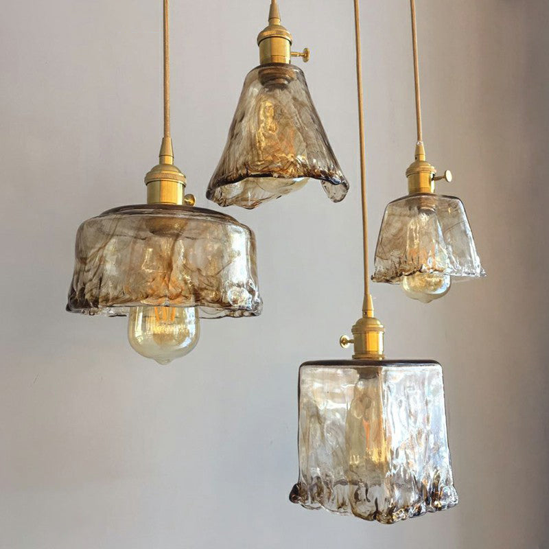 Antique Shaded Pendant Light 1-Light Brown Glass Hanging Light in Brass for Dining Room