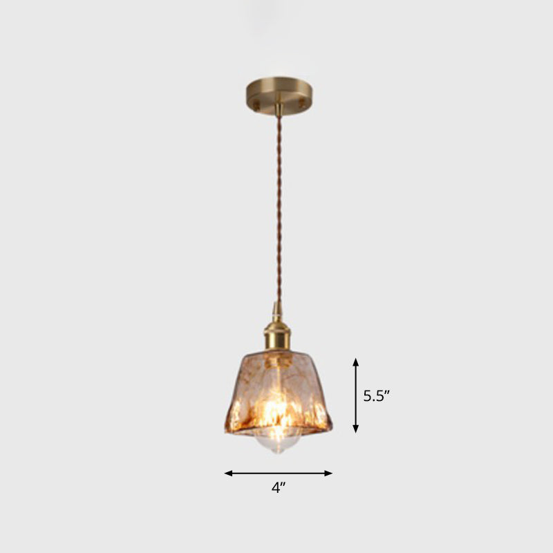 Antique Shaded Pendant Light 1-Light Brown Glass Hanging Light in Brass for Dining Room