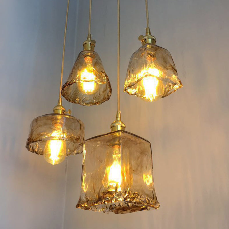 Antique Shaded Pendant Light 1-Light Brown Glass Hanging Light in Brass for Dining Room