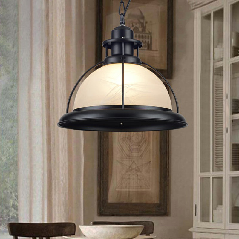 White Glass Half-Globe Suspension Lighting Retro Style 1 Head Dining Room Pendant Ceiling Light