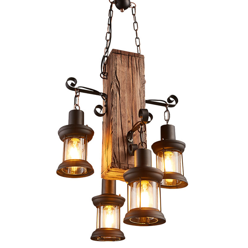 Wood 4 Heads Suspension Lighting Rustic Clear Glass Lantern Chandelier for Restaurant