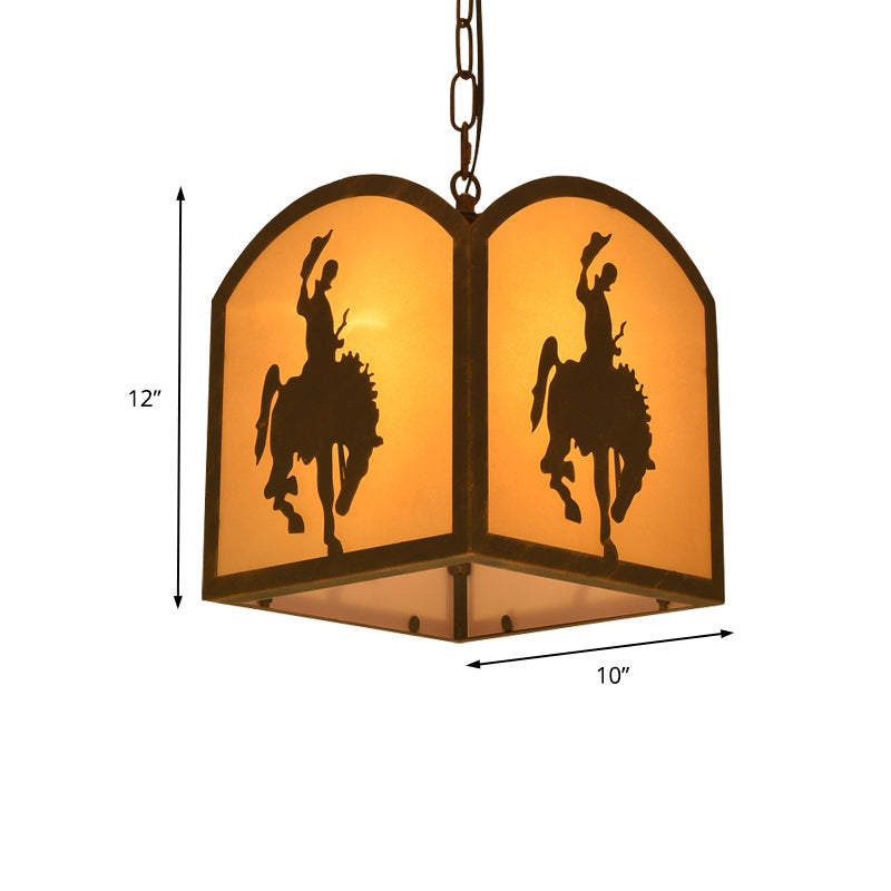 Square Pendant Lighting Metal Vintage 1 Bulb Restaurant Hanging Light Kit in Rust with Horse Pattern