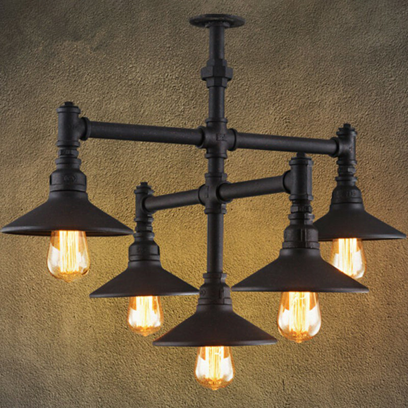 Black Piping Pendant Lighting Industrial Iron Black Finish Chandelier with Conical Lampshade