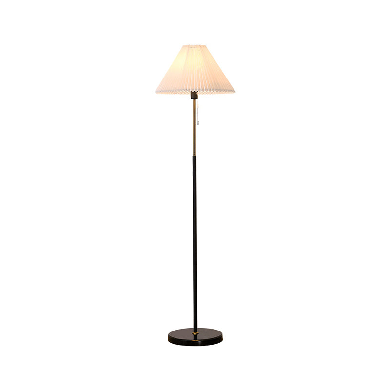 Minimalist Cone Shade Standing Light Pleated Fabric Single Living Room Pull Chain Floor Lighting