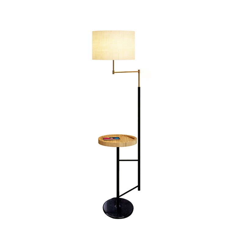 Runde Wohnzimmer Stand -up -Lampe Stoff Eins moderne Bodenbeleuchtung mit Holzschale