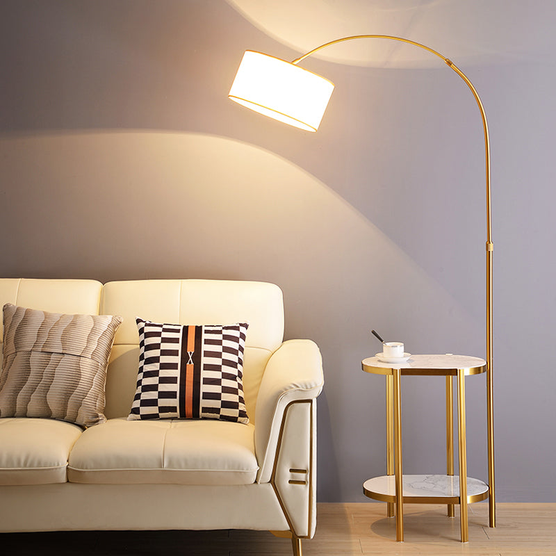 Ronde vloerverlichting eenvoudige stijl stof 1 lamp woonkamer gebogen staande lamp met plank