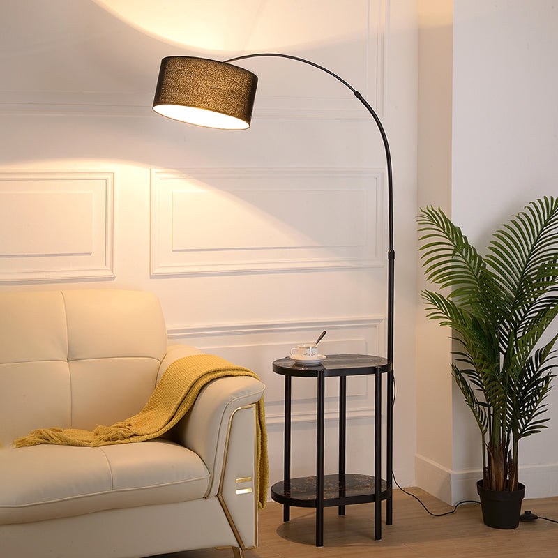 Ronde vloerverlichting eenvoudige stijl stof 1 lamp woonkamer gebogen staande lamp met plank