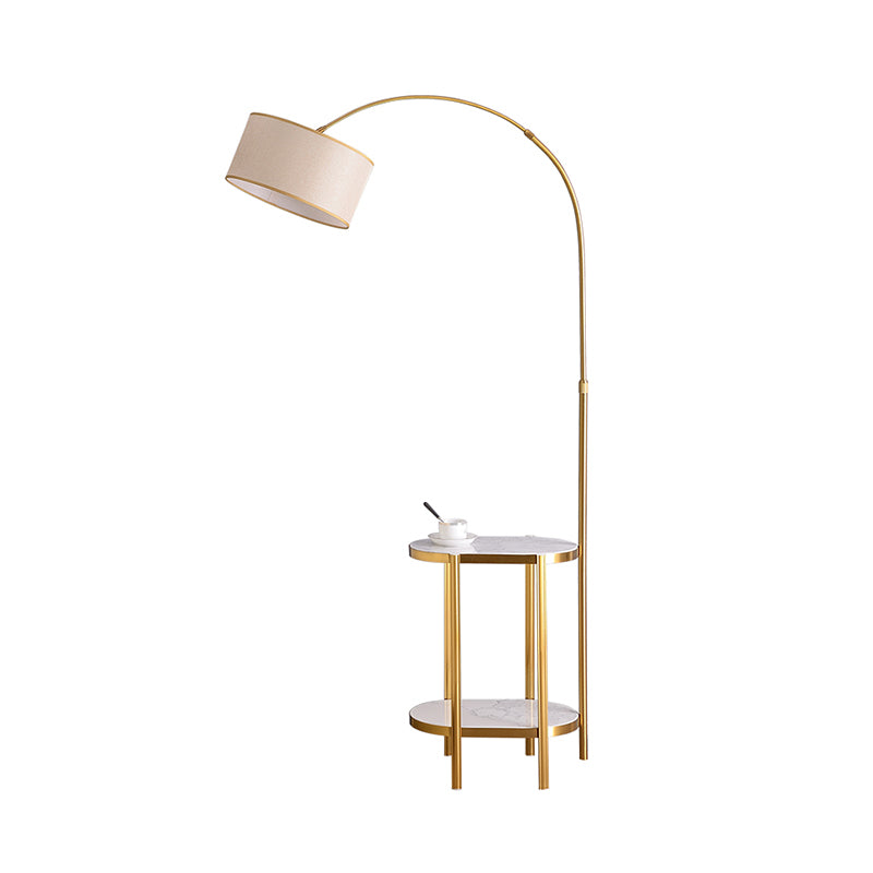 Ronde vloerverlichting eenvoudige stijl stof 1 lamp woonkamer gebogen staande lamp met plank