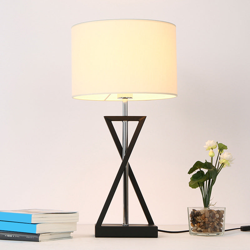 Modern Hourglass Table Lamp Fabric Single Bedside Nightstand Lighting with Drum Fabric Shade in White