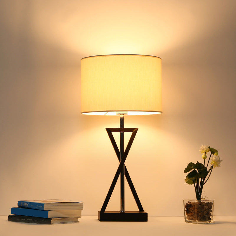 Modern Hourglass Table Lamp Fabric Single Bedside Nightstand Lighting with Drum Fabric Shade in White