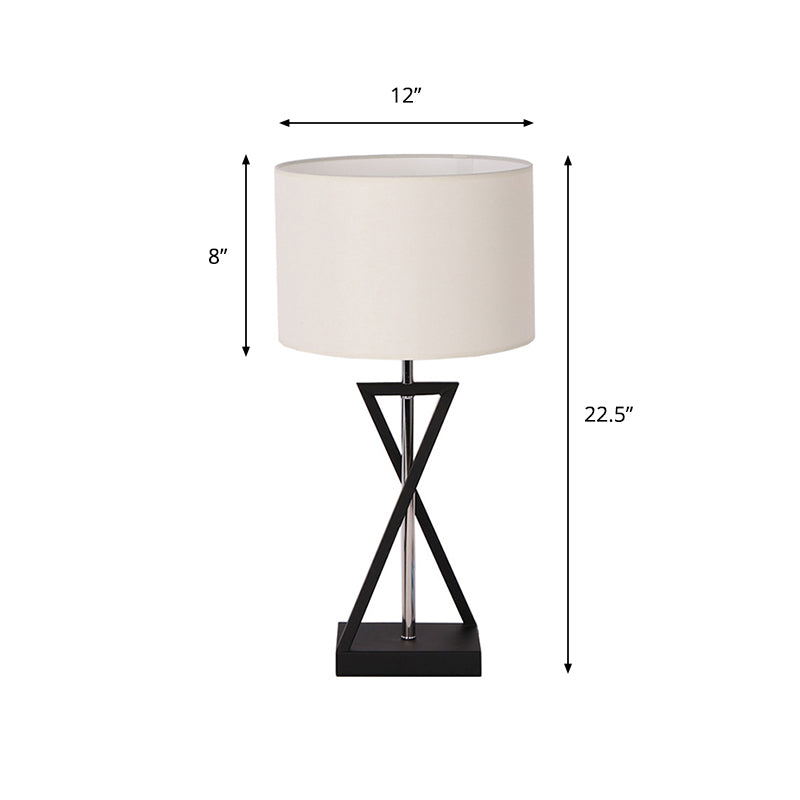 Modern Hourglass Table Lamp Fabric Single Bedside Nightstand Lighting with Drum Fabric Shade in White