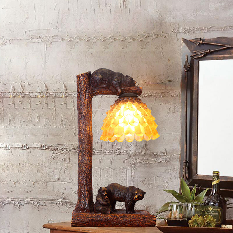 Brown Pinecone Table Light Classic Amber Glass 1 Light Bedroom Task Lamp with Bear