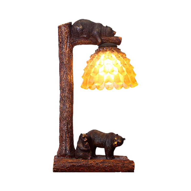 Brown Pinecone Table Light Classic Amber Glass 1 Light Bedroom Task Lamp with Bear